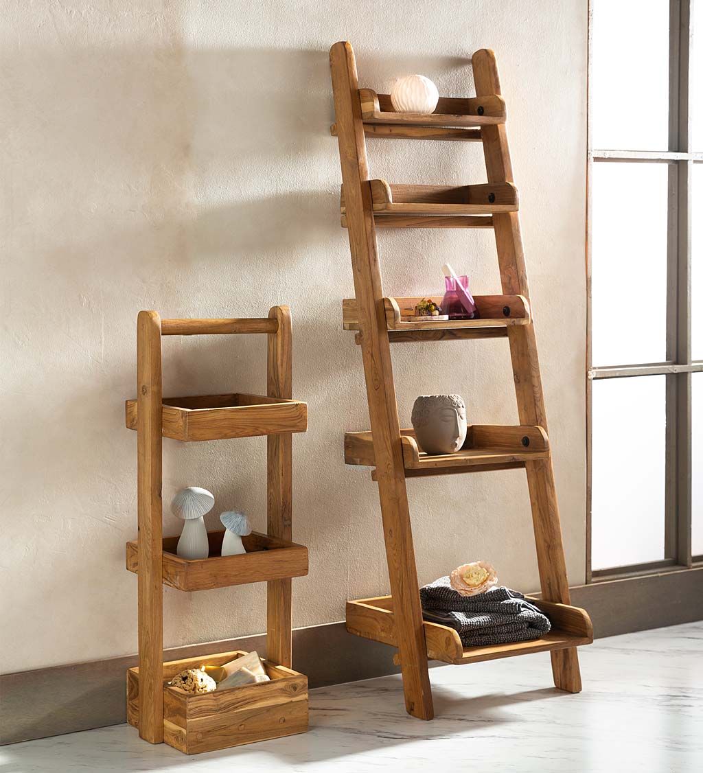 Teak wood ladder bookshelf